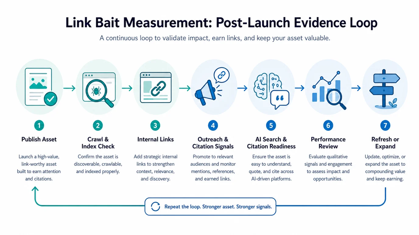 Link bait measurement loop from publishing and crawl checks to internal links, citation signals, AI-search readiness, performance review, and refresh decisions