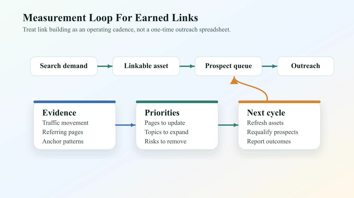 Measurement loop for earned links from search demand to outreach, evidence, priorities, and next cycle