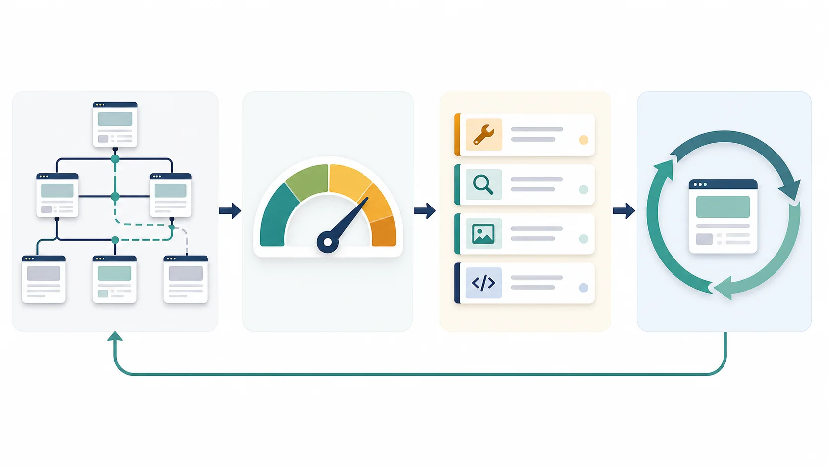 Workflow from internal link graph to relative score, prioritized fix queue, and recrawl validation