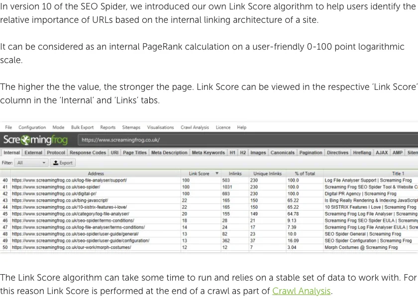 Official Screaming Frog Link Score page showing the metric definition and example column