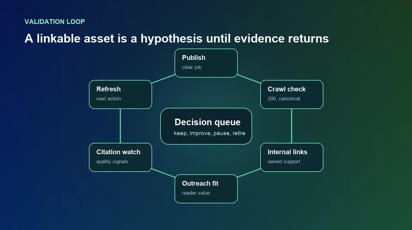 Linkable asset validation loop from publish and crawl checks to internal links, outreach review, citation monitoring, and refresh decisions