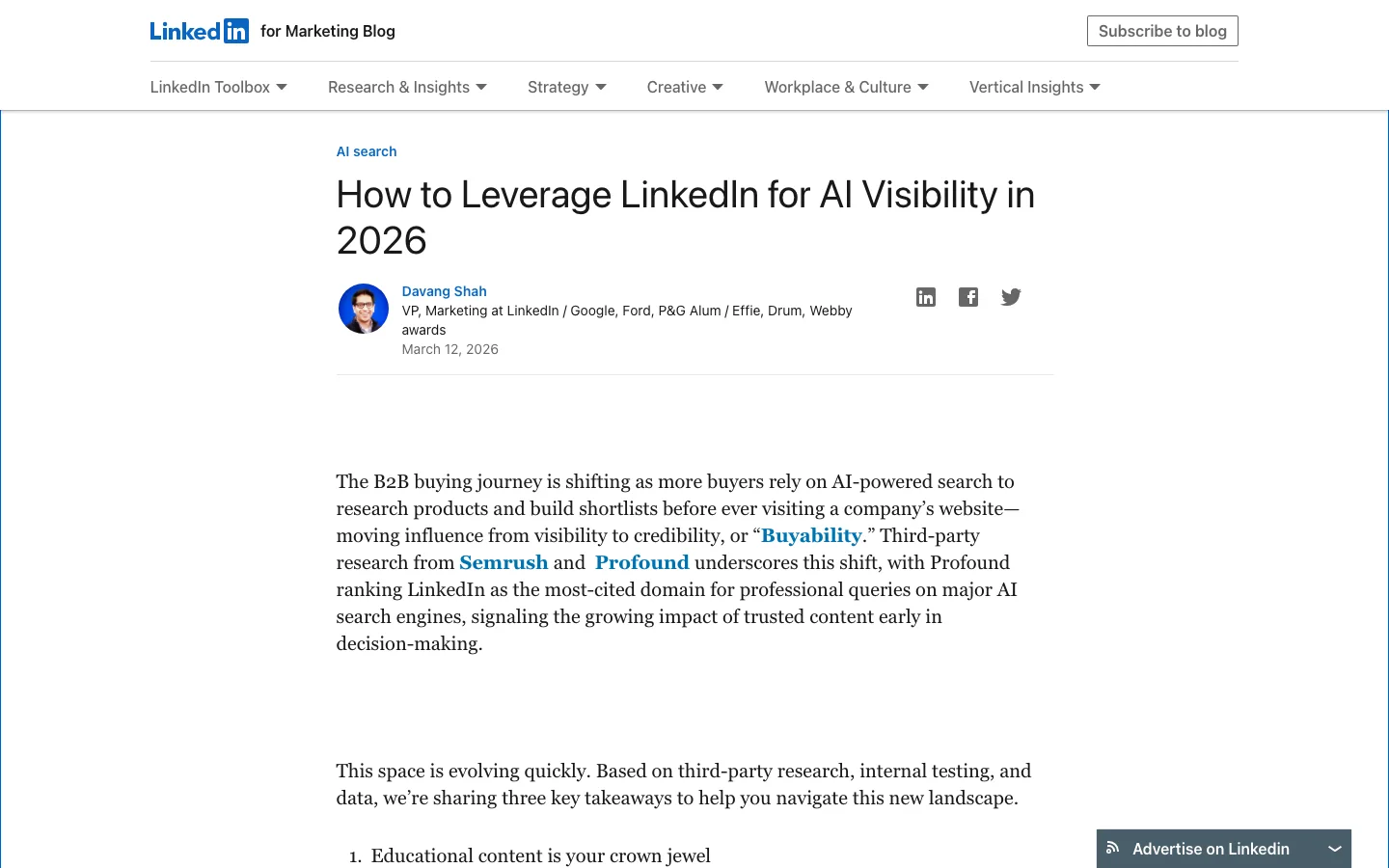 Official LinkedIn Marketing Blog article about leveraging LinkedIn for AI visibility