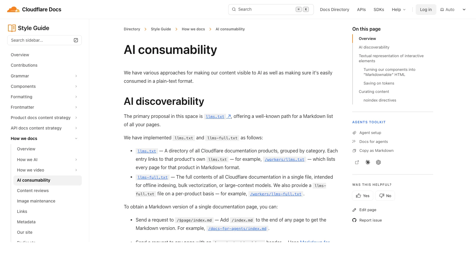 Cloudflare AI consumability documentation showing llms.txt, llms-full.txt, and Markdown access patterns