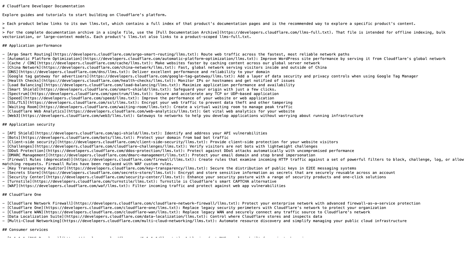 Cloudflare root llms.txt showing product-scoped links and short descriptions