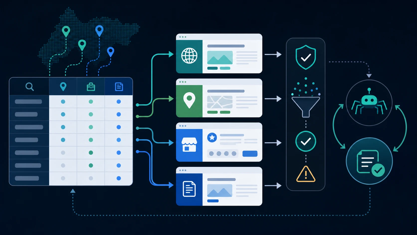Service-by-location keyword matrix routing demand to distinct page types before duplicate checks and recrawl validation