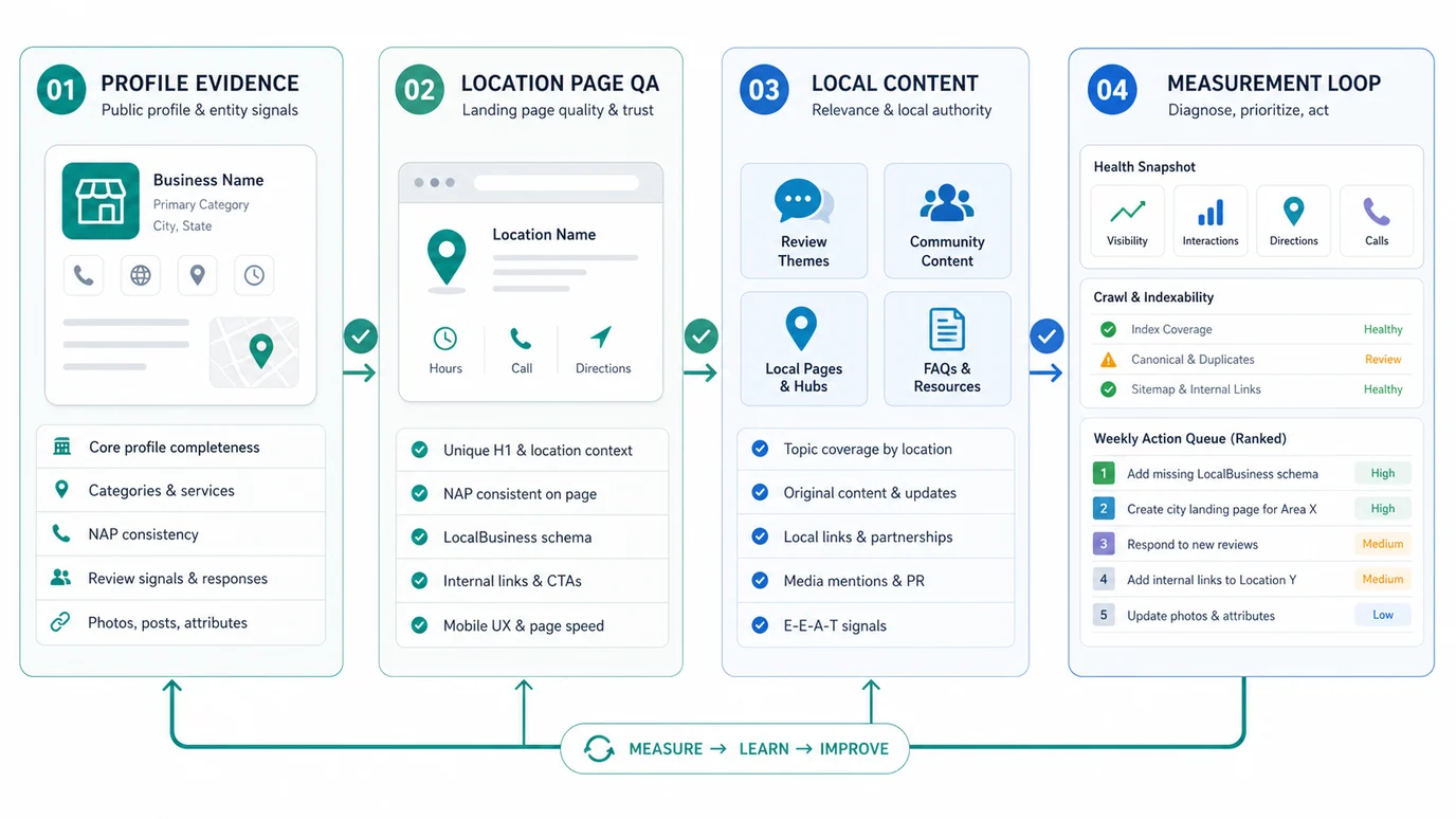 Local SEO operating loop from profile evidence to location page quality, local content, and measurement
