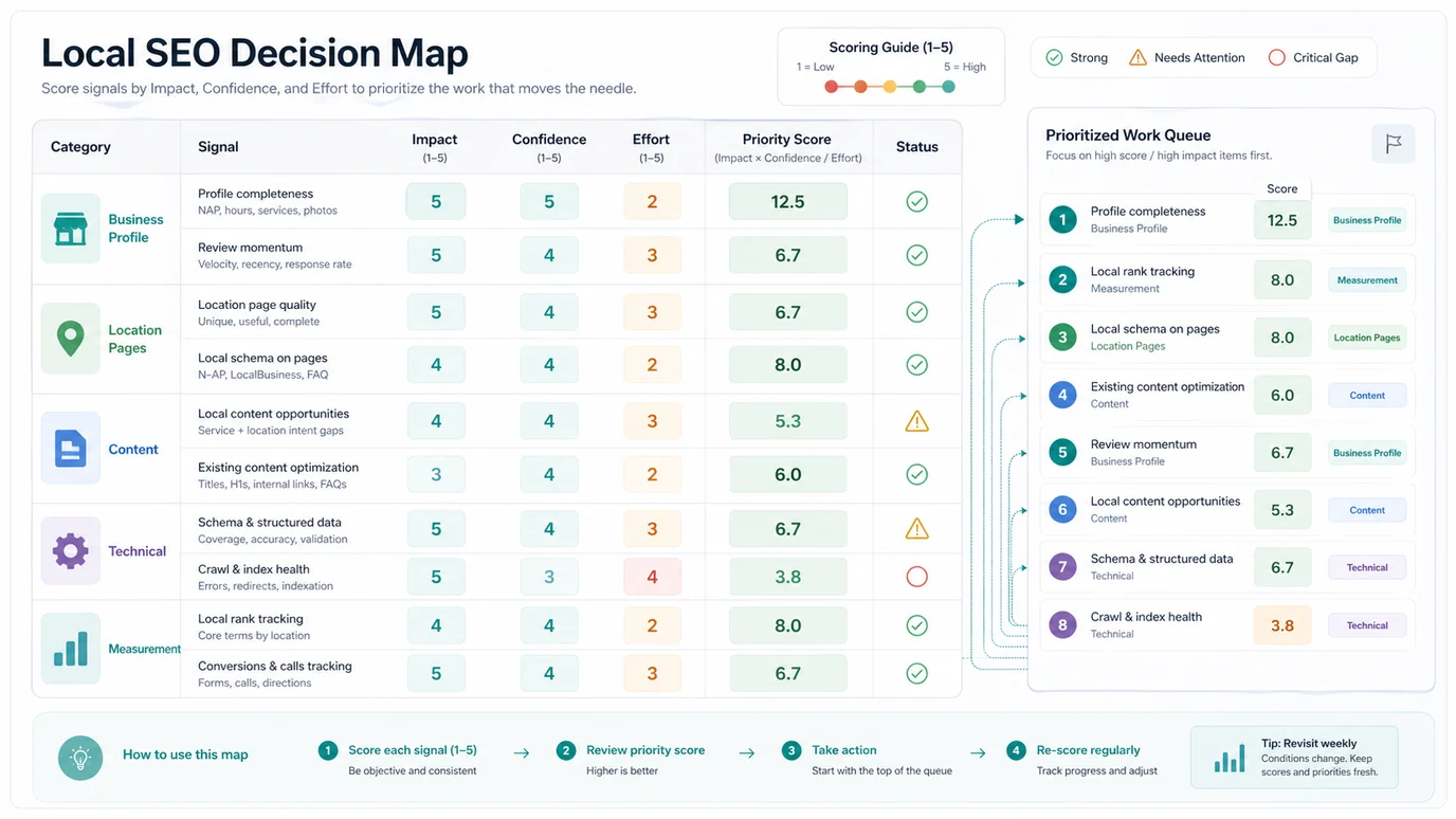 Local SEO priority map scoring profile, page, content, technical, and measurement work
