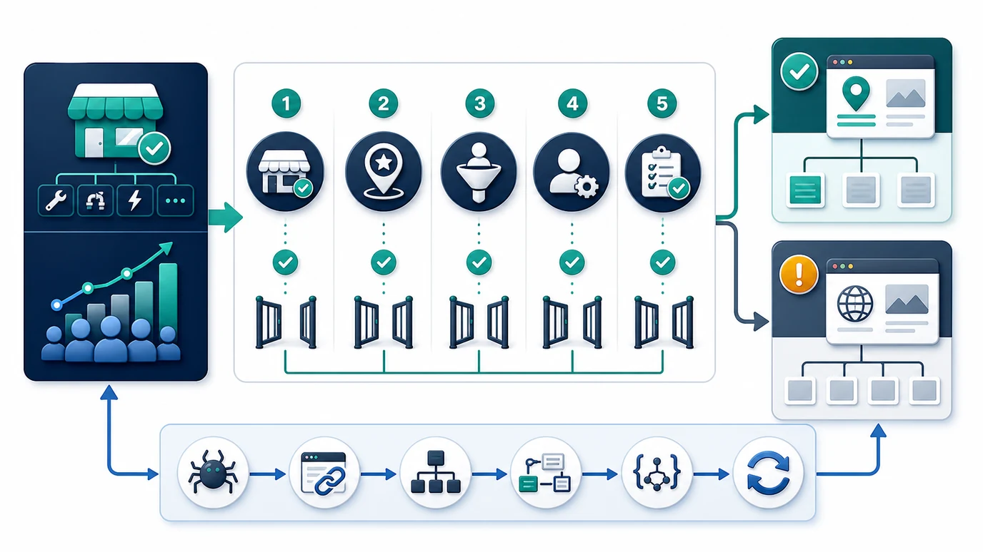 Decision workflow for approving a distinct location page or consolidating demand into a broader page