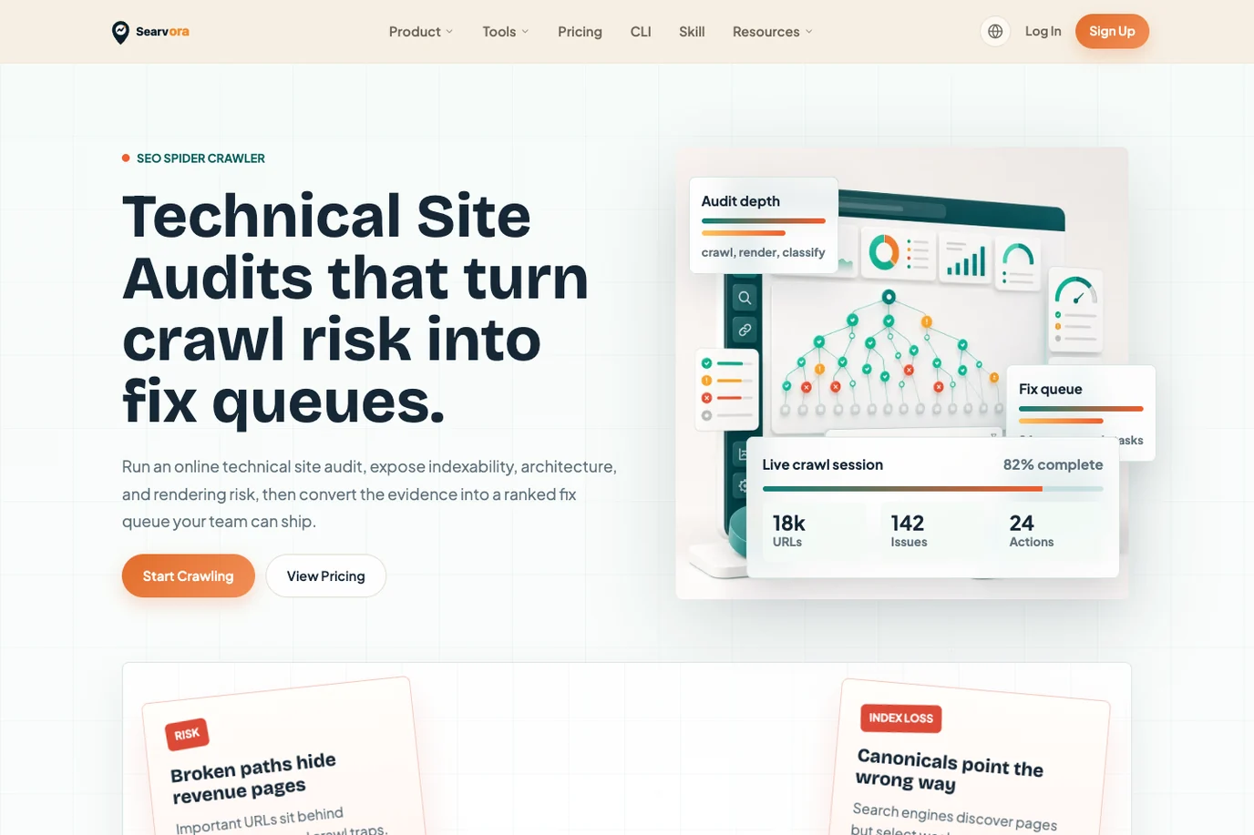 Public Searvora SEO Spider Crawler page showing crawl, indexability, canonical, sitemap, and owner-ready fix queue capabilities