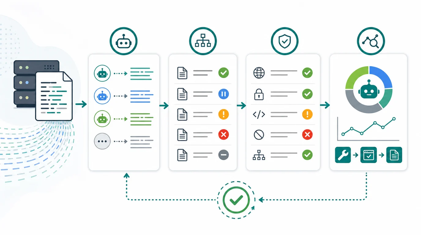 SEO log analysis triage loop from server requests to bot segmentation, URL checks, and validation