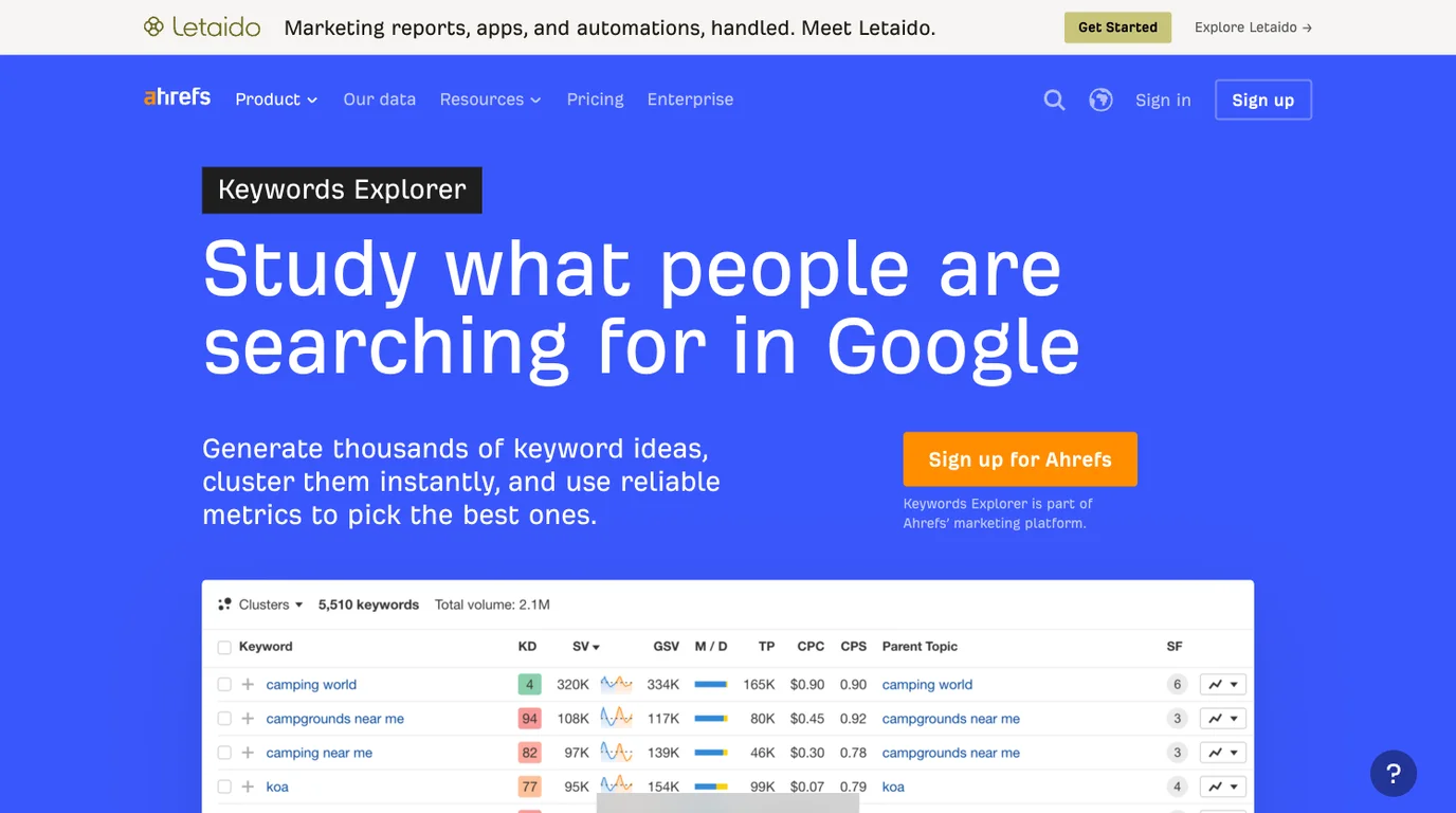 Official Ahrefs Keywords Explorer public product page