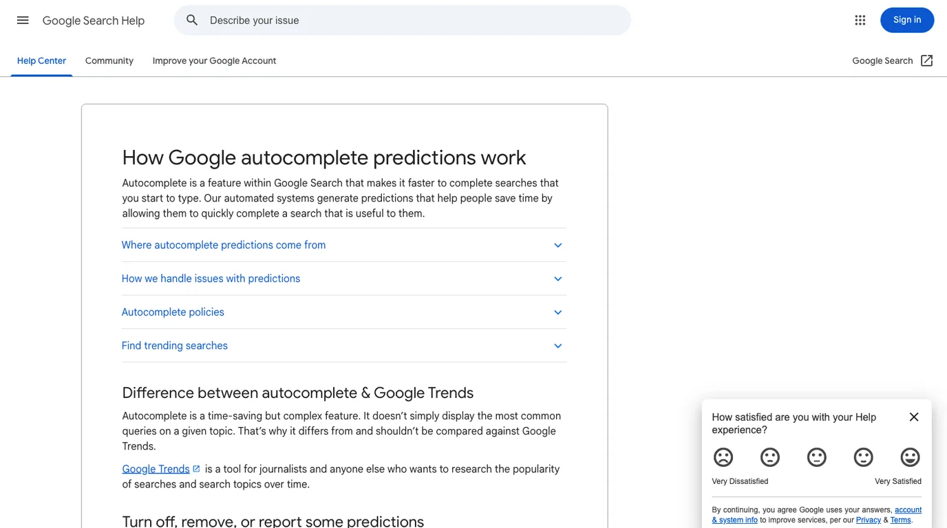 Official Google Search Help page about autocomplete predictions