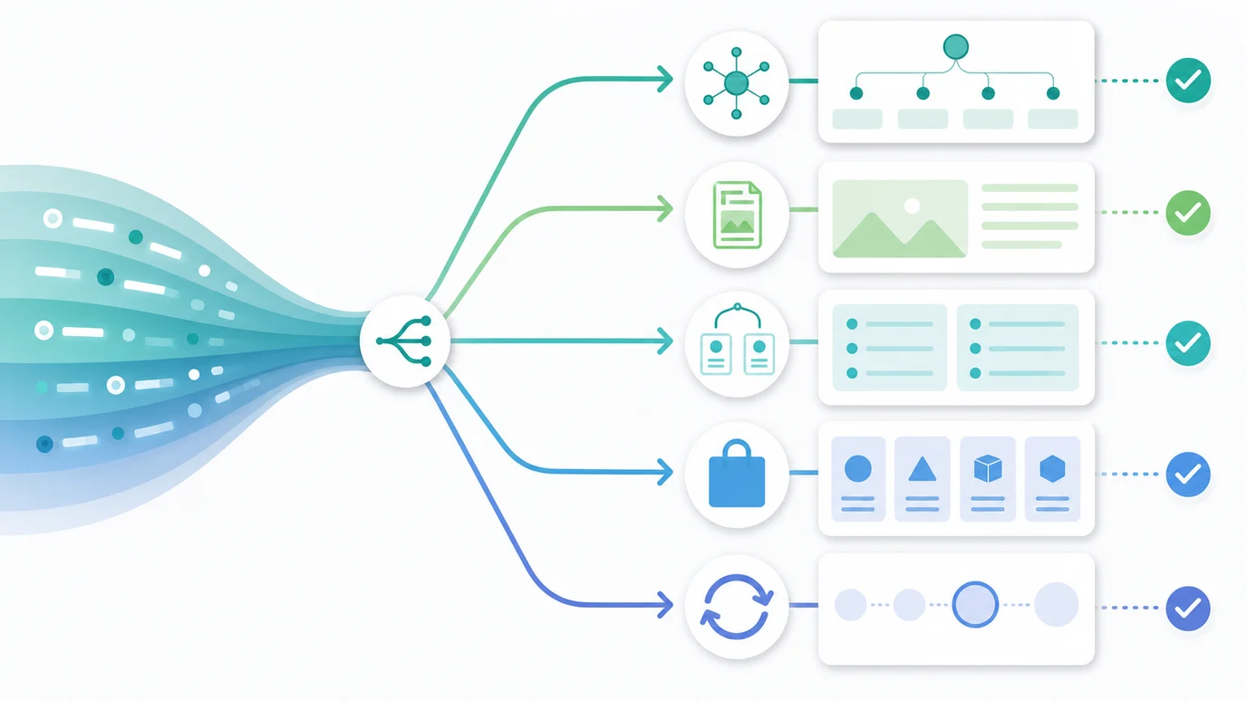 Keyword demand routing into hubs, articles, comparisons, product surfaces, and refresh loops