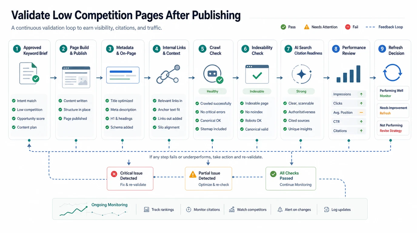 Validation loop for low competition keyword pages after publishing