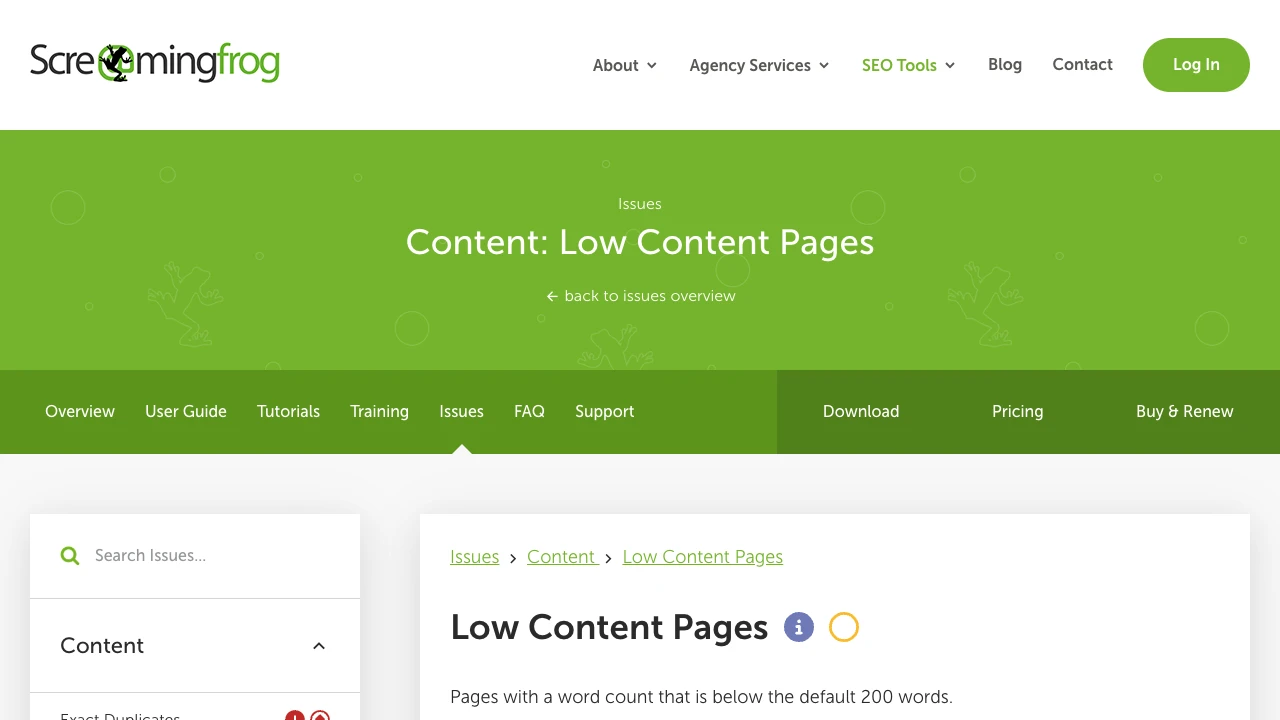 Official Screaming Frog Low Content Pages reference showing the default threshold and content issue context