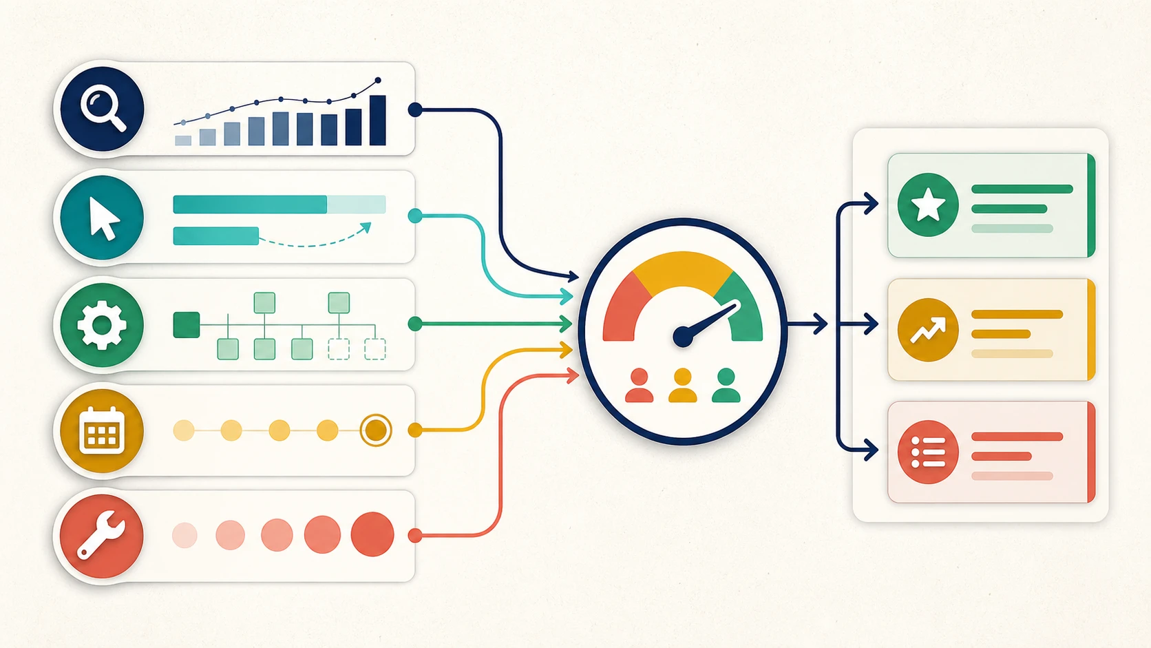 Five-signal scorecard flowing into a ranked SEO opportunity queue