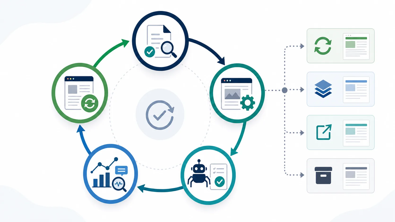 Campaign lifecycle validation loop from baseline evidence and launch assets through crawl checks, performance observation, and refresh or retirement decisions