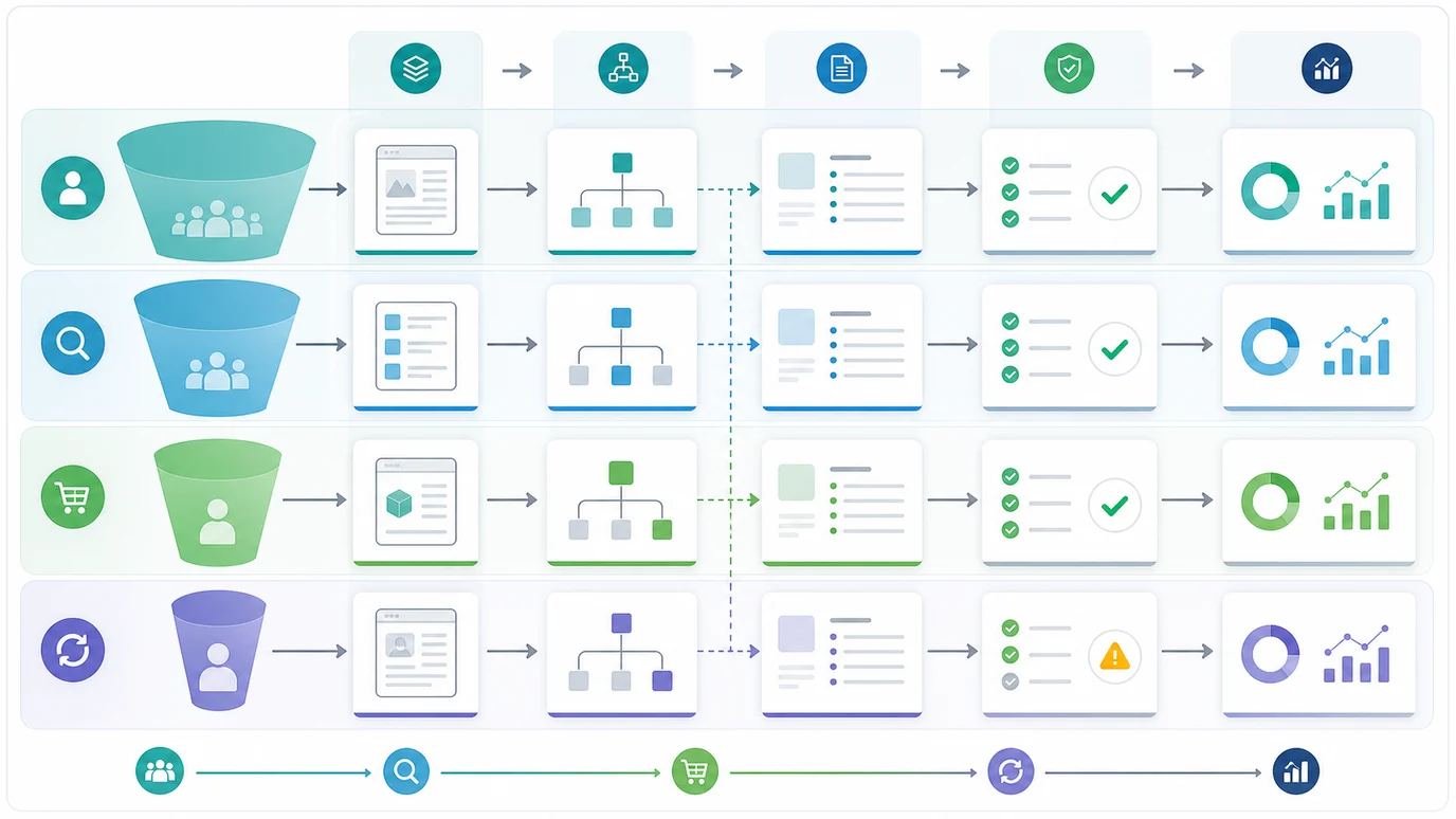 Marketing funnel stages mapped to search-led page jobs and validation checks