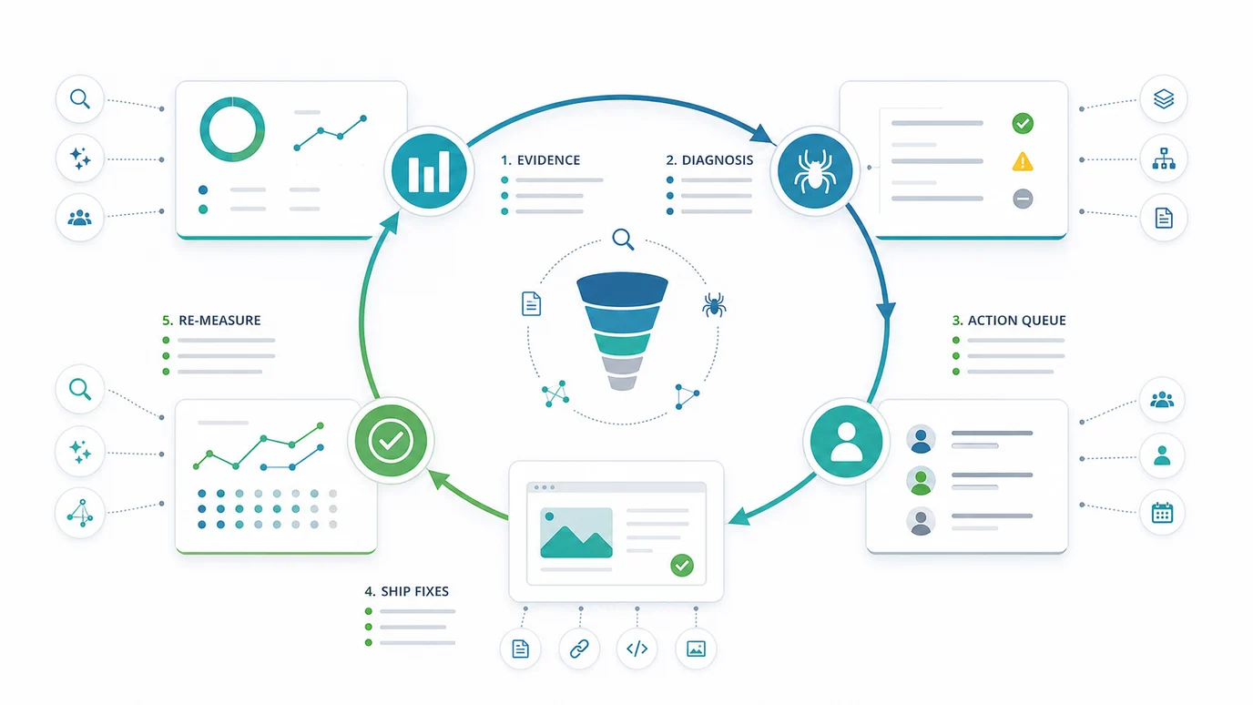 Marketing funnel validation loop from evidence to diagnosis, action queue, shipped fixes, and re-measurement