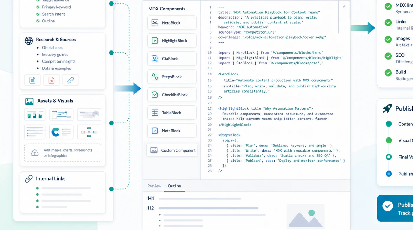 MDX automation pipeline assembling frontmatter, content blocks, images, validation, and publishing checks