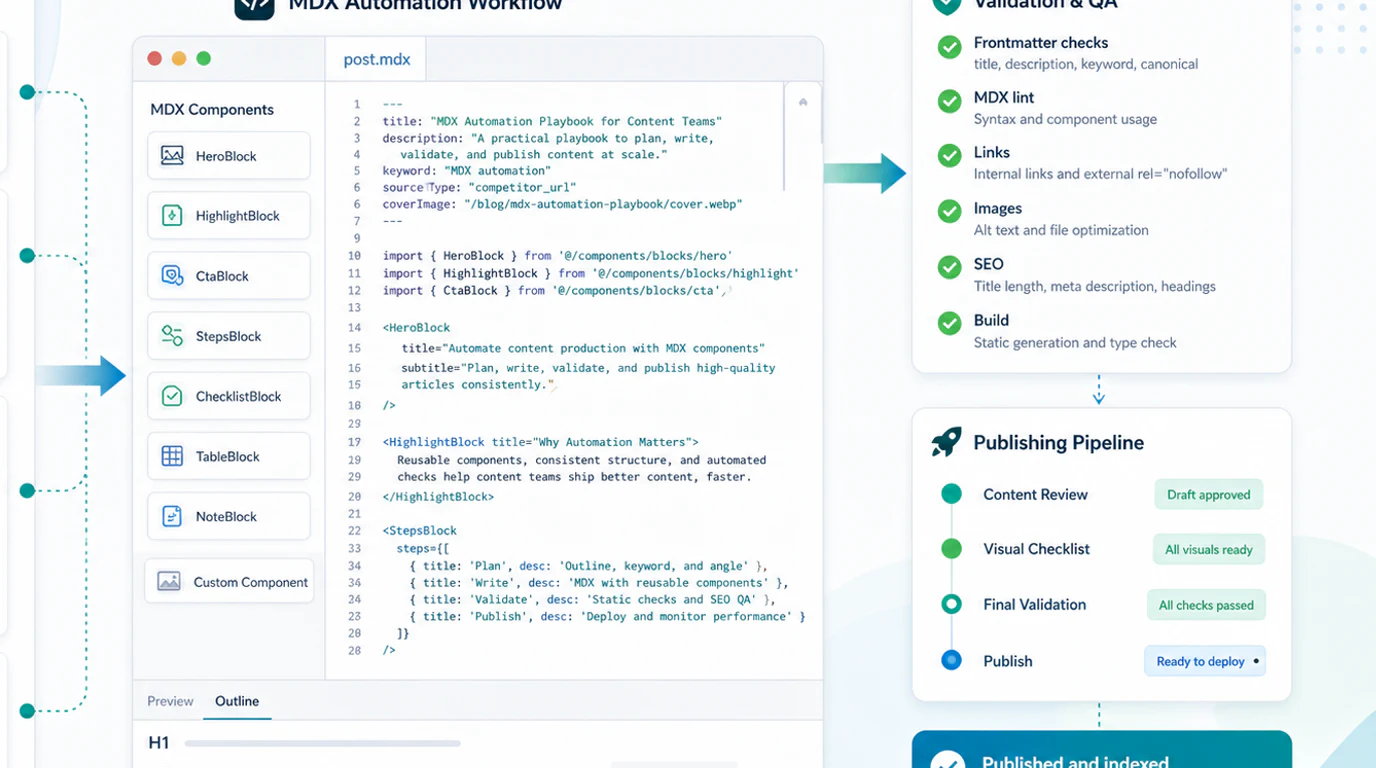 MDX publish readiness board showing image provenance, metadata, link checks, and build validation
