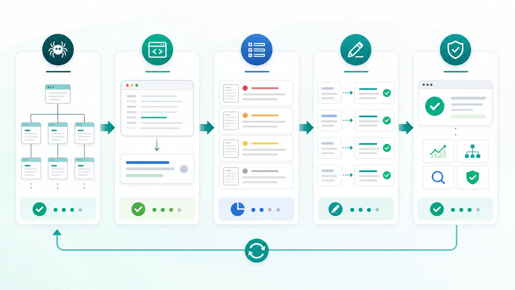 Meta description audit workflow from page inventory to grouped issues, rewrite queue, and validation