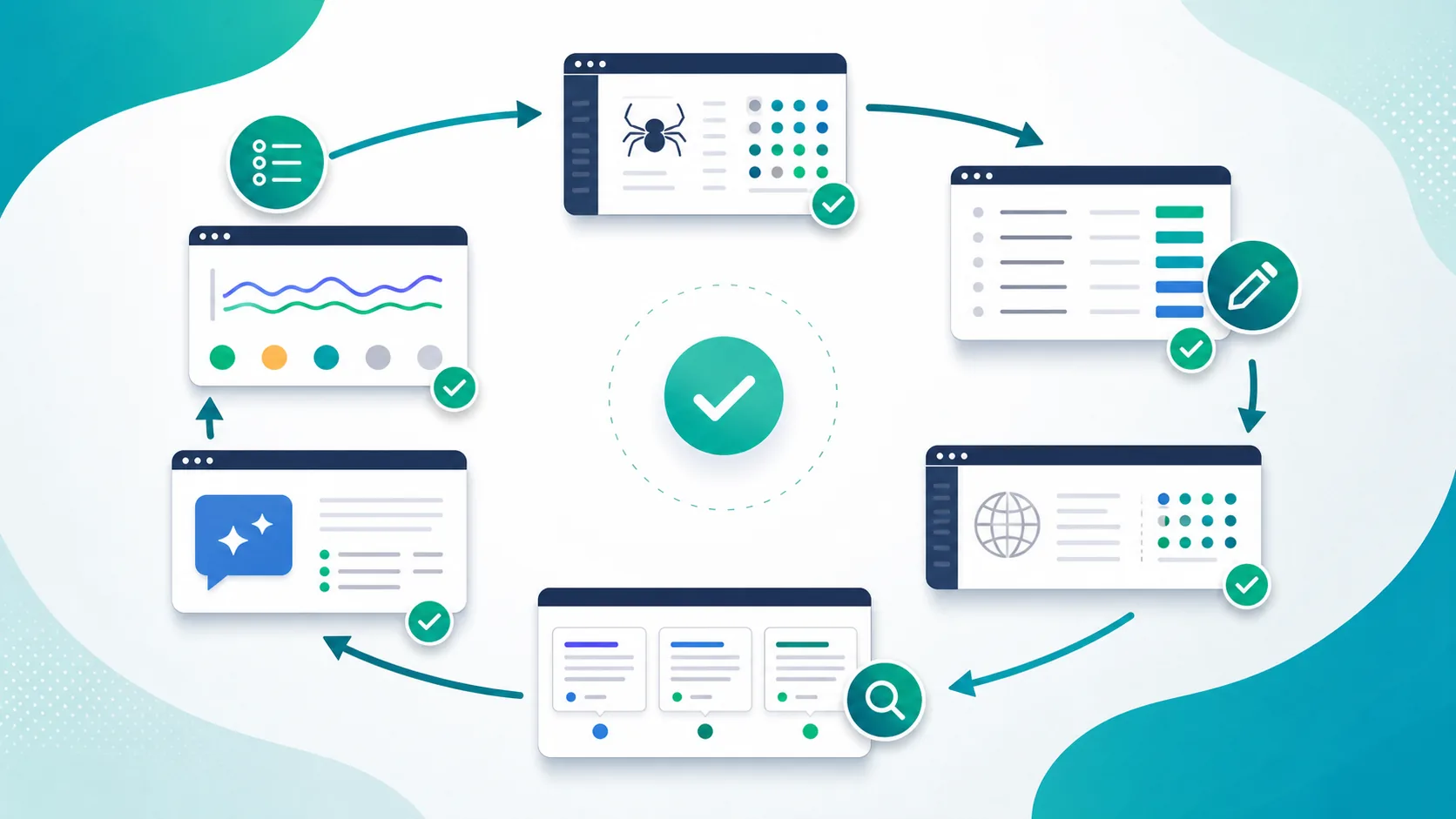 Meta description validation loop from baseline crawl to rewrite batch, re-crawl, snippet checks, and monitoring