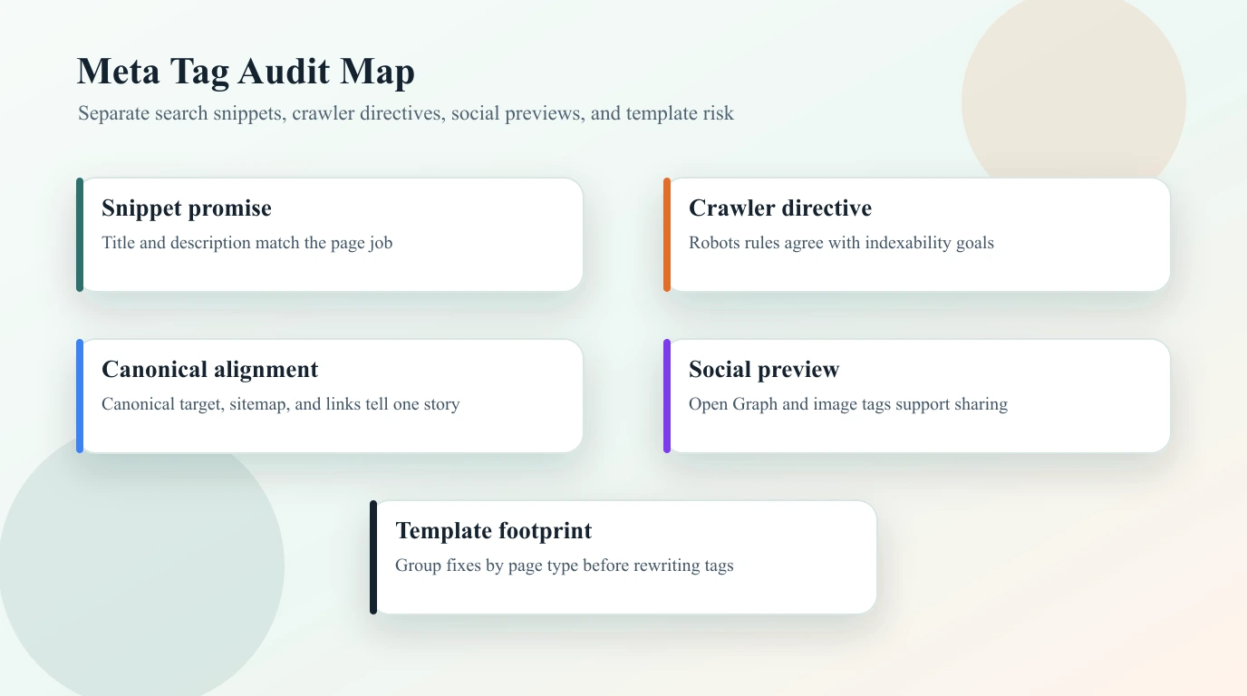 Meta tag audit map separating snippet promises, crawler directives, canonical alignment, social previews, and template footprint
