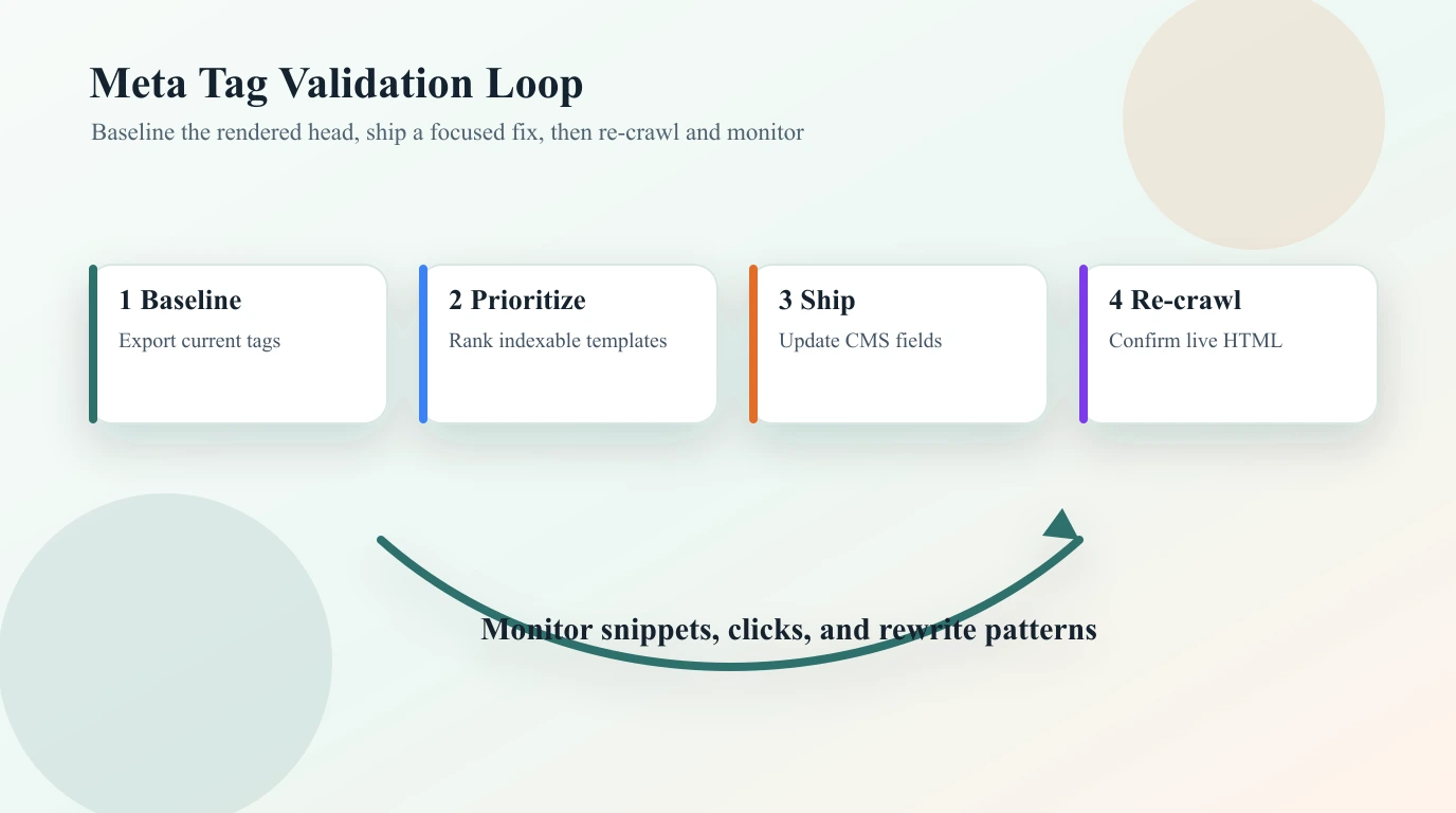 Meta tag validation loop from baseline export through prioritization, shipping, re-crawl, and monitoring
