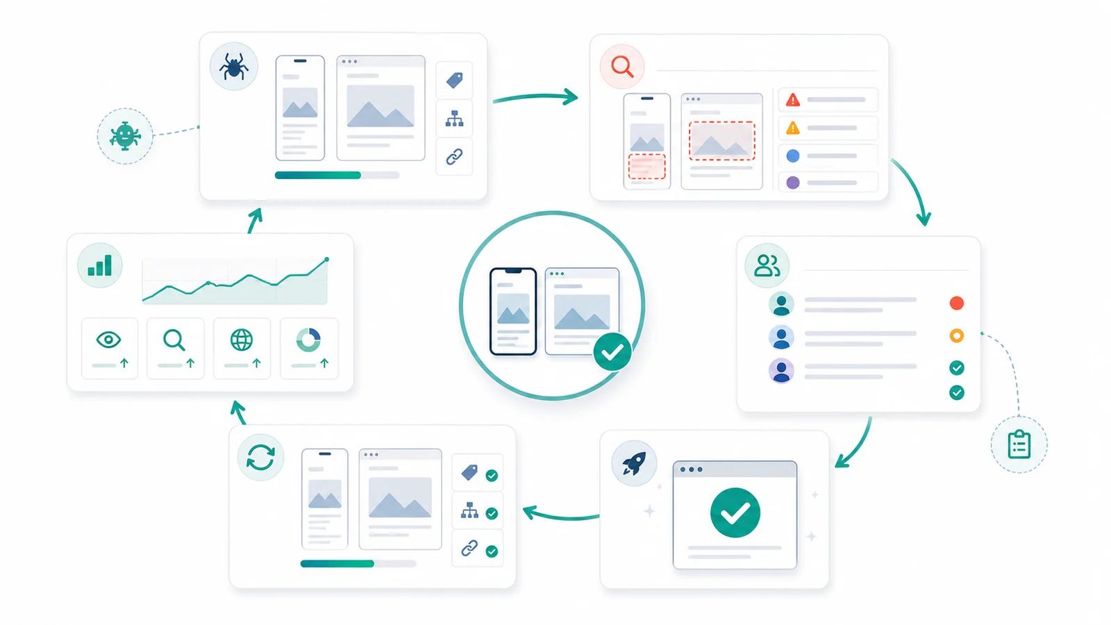 Mobile-first indexing validation loop from rendered crawl through fixes, release, recrawl, and monitoring