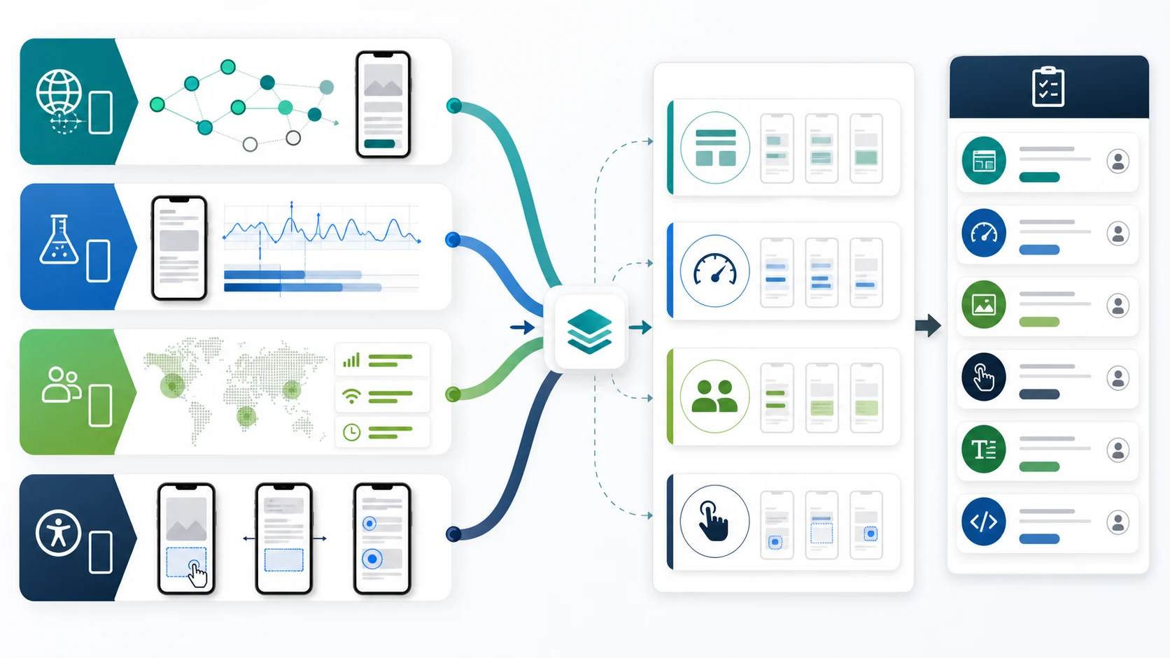 Four-part mobile usability evidence stack combining crawl, lab, field, and accessibility signals