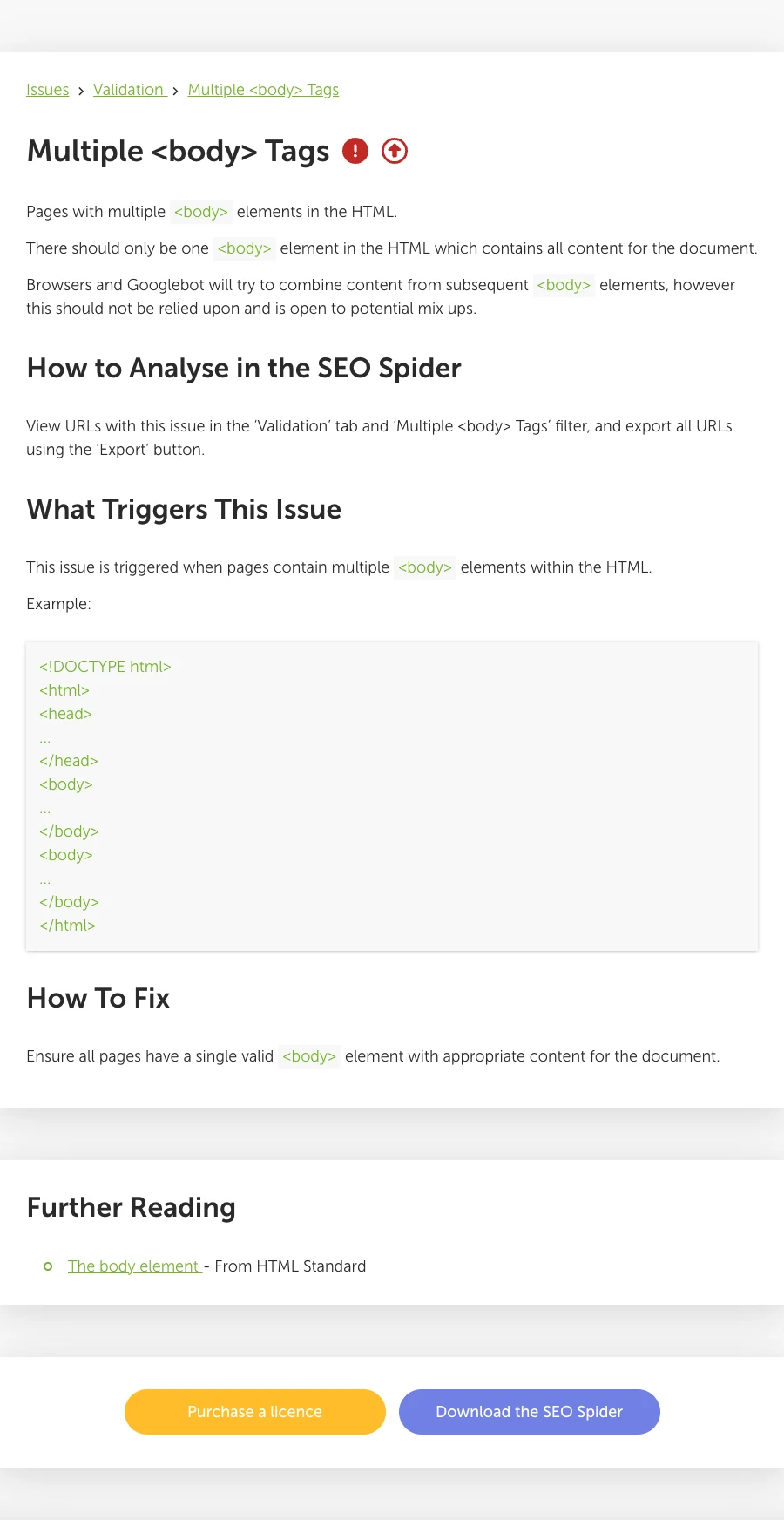 Official Screaming Frog issue page explaining the multiple body tags validation finding