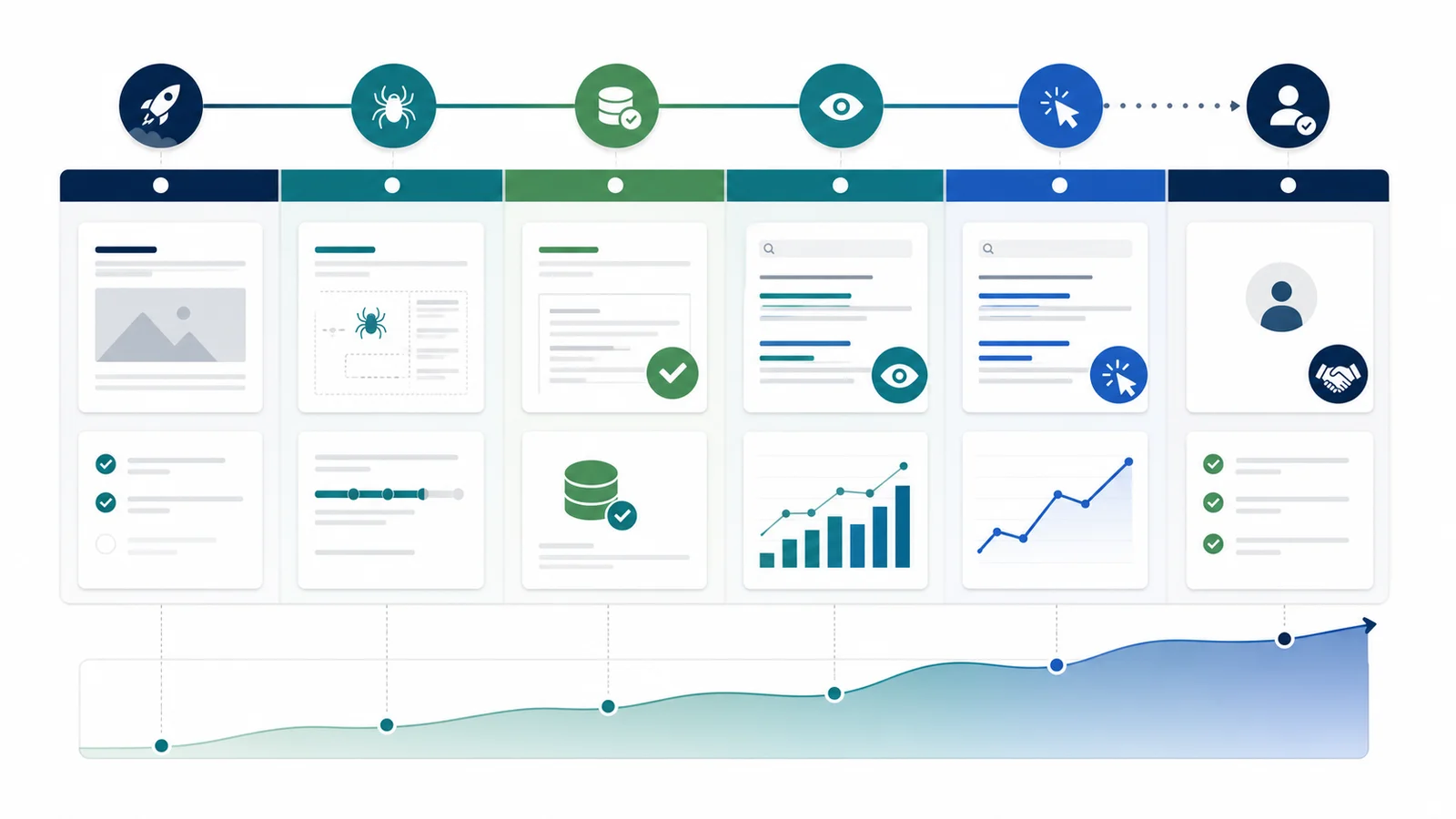 New blog milestone review board with crawl, index, search visibility, click, and owner handoff checkpoints