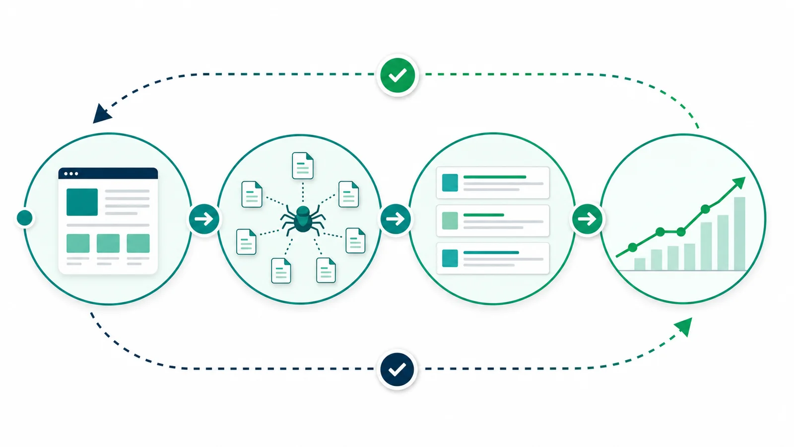 New blog validation loop from launch pages through crawl discovery, search visibility, and first traffic trends