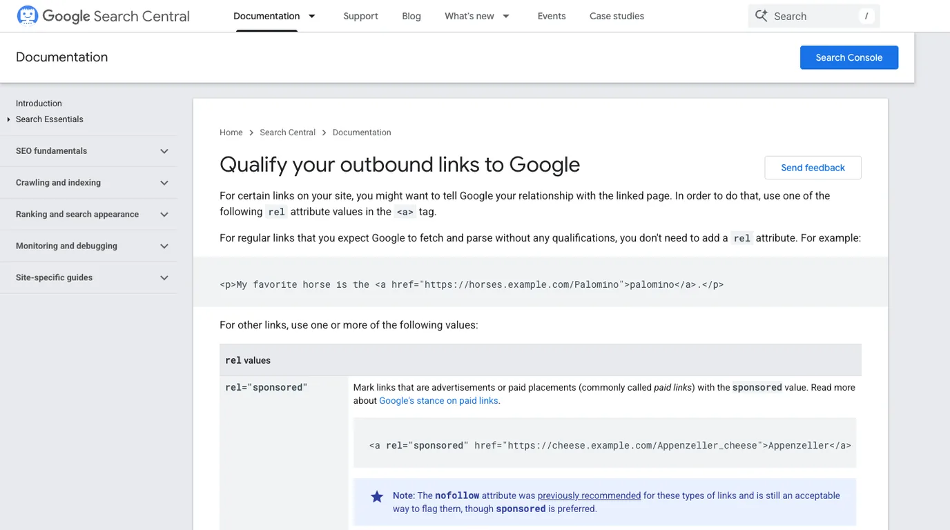 Google Search Central page explaining sponsored, ugc, and nofollow link attributes