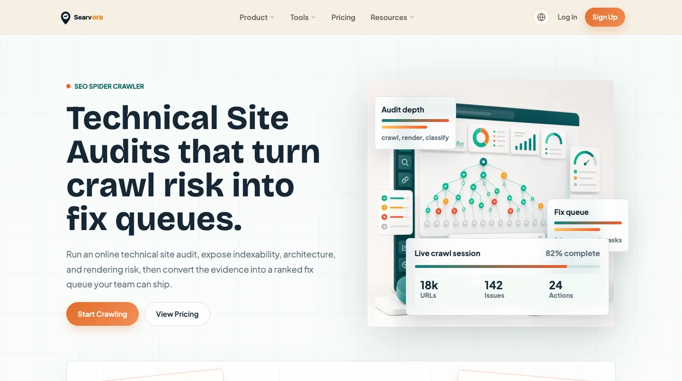 Searvora SEO Spider Crawler product page showing crawl evidence and fix queue workflow