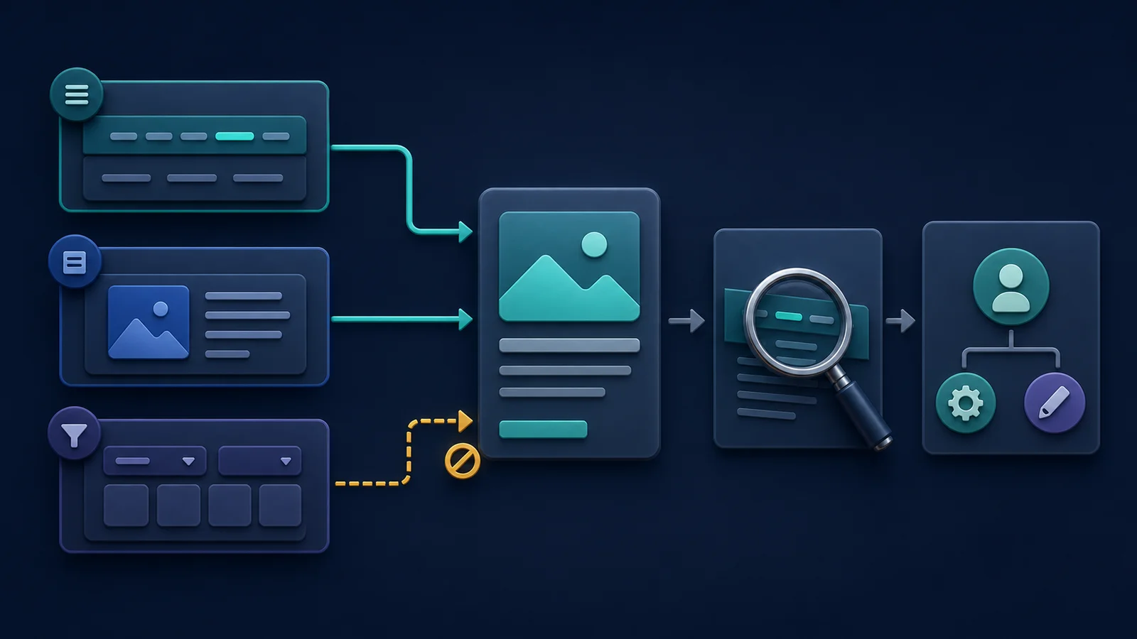Diagnostic flow from source templates to a target URL with one conflicting nofollow internal link