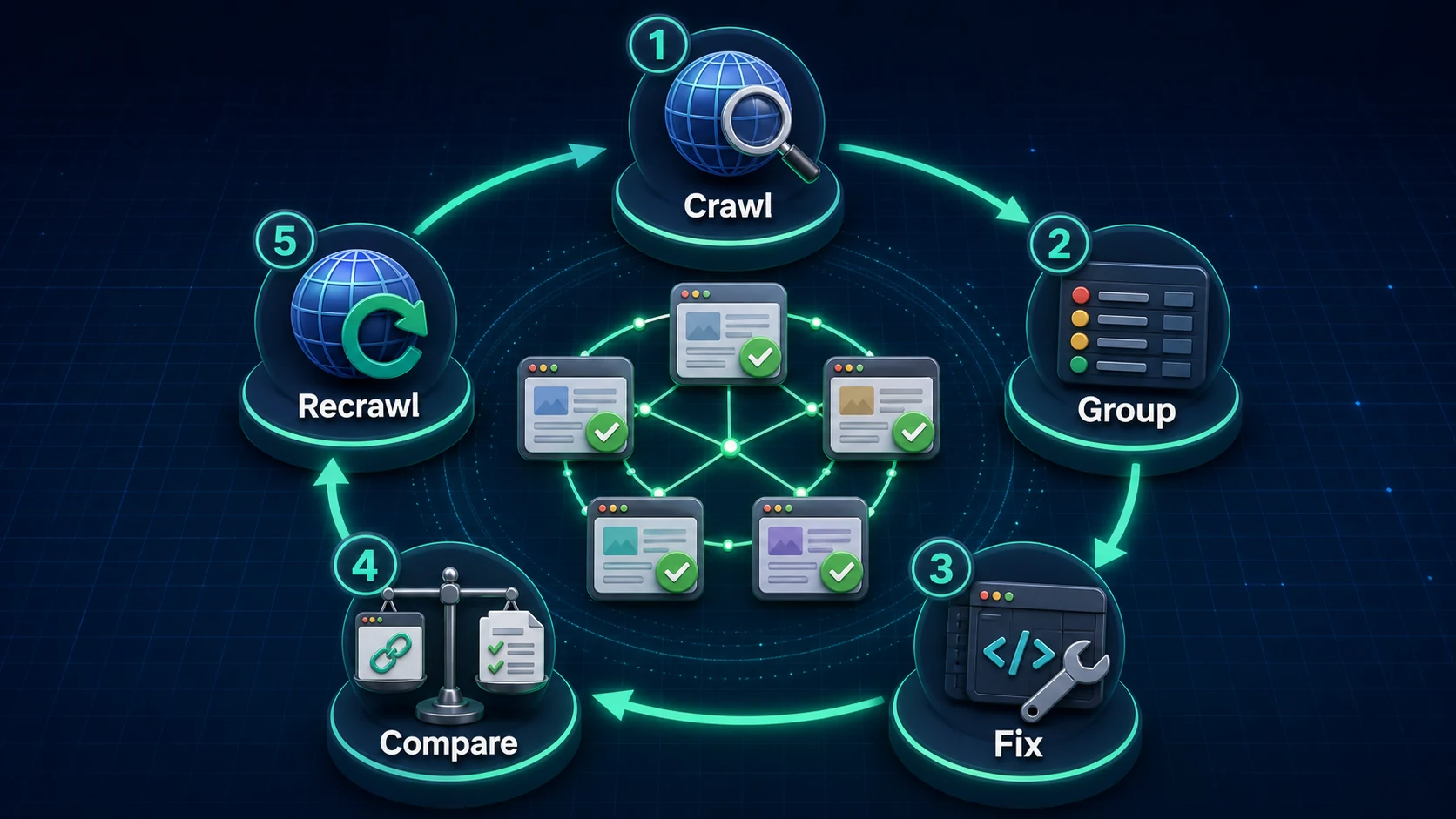 Hreflang repair validation loop from crawl and grouping through fixes, comparison, and recrawl