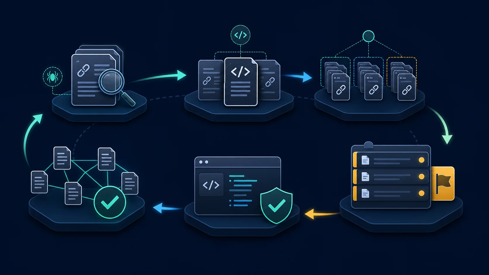 Technical SEO validation loop from crawl evidence through grouped fixes and reciprocal cluster recrawl