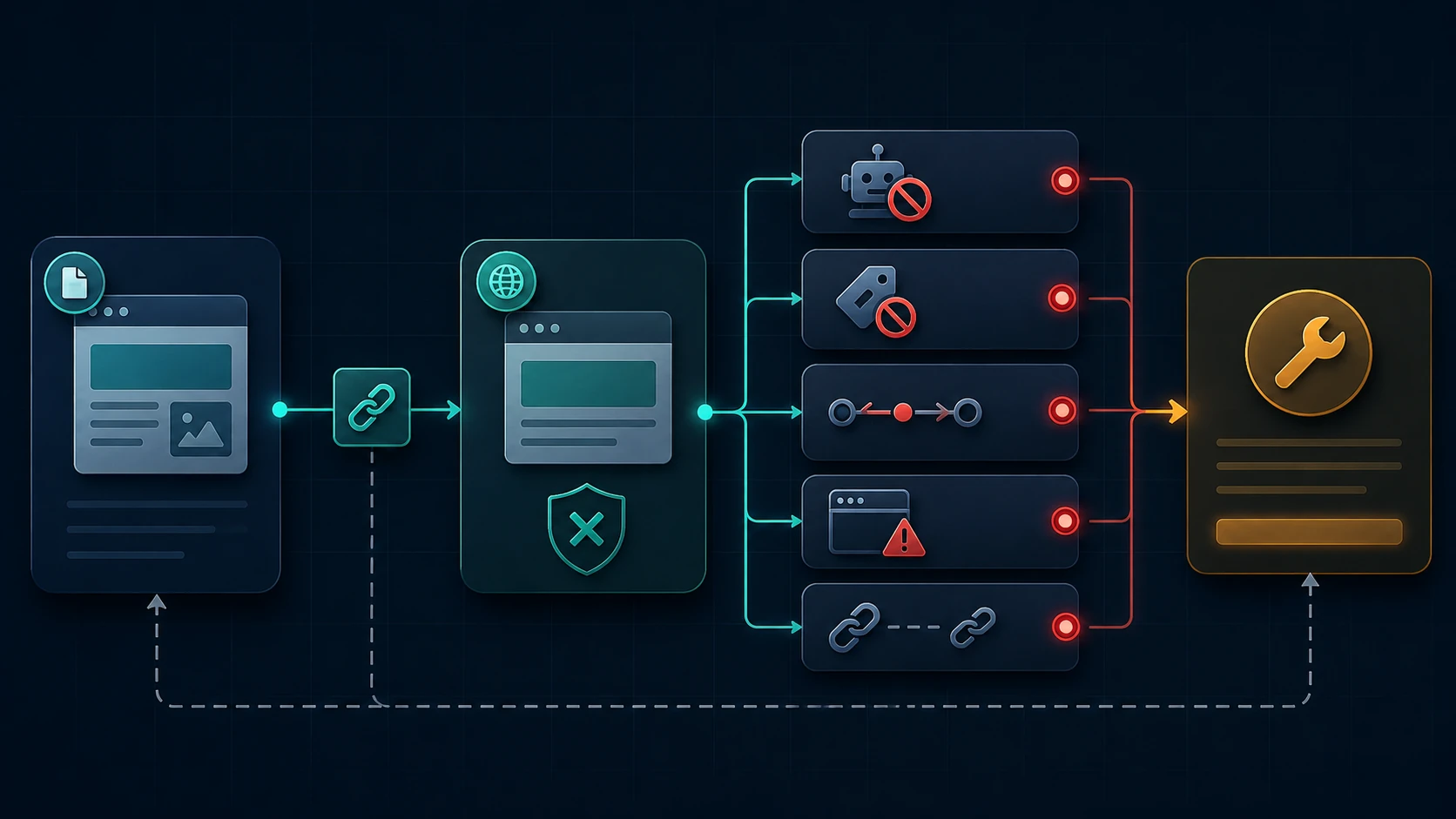 Diagnostic map showing a canonical target checked for robots exclusions, noindex, redirects, errors, and canonical chains