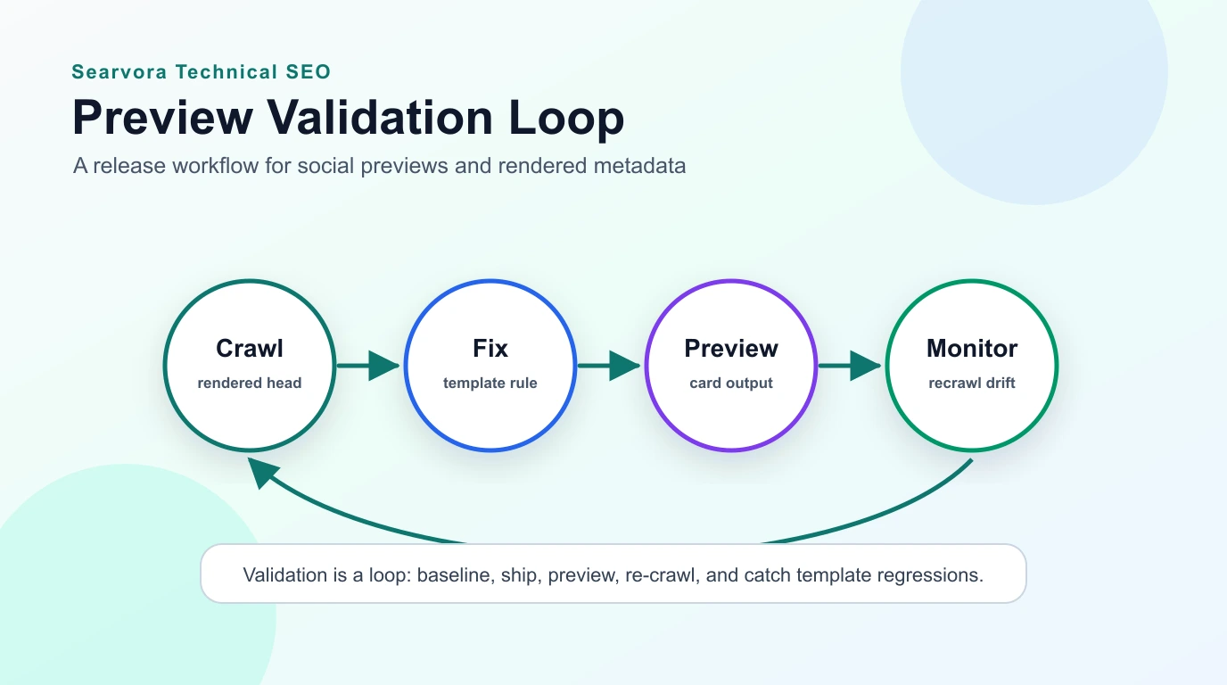 Preview validation loop for crawling rendered metadata, fixing templates, testing cards, and monitoring drift