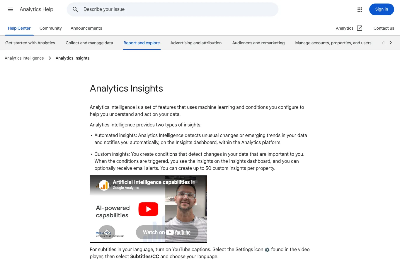 Official Google Analytics Help page explaining Analytics Insights and custom insight conditions