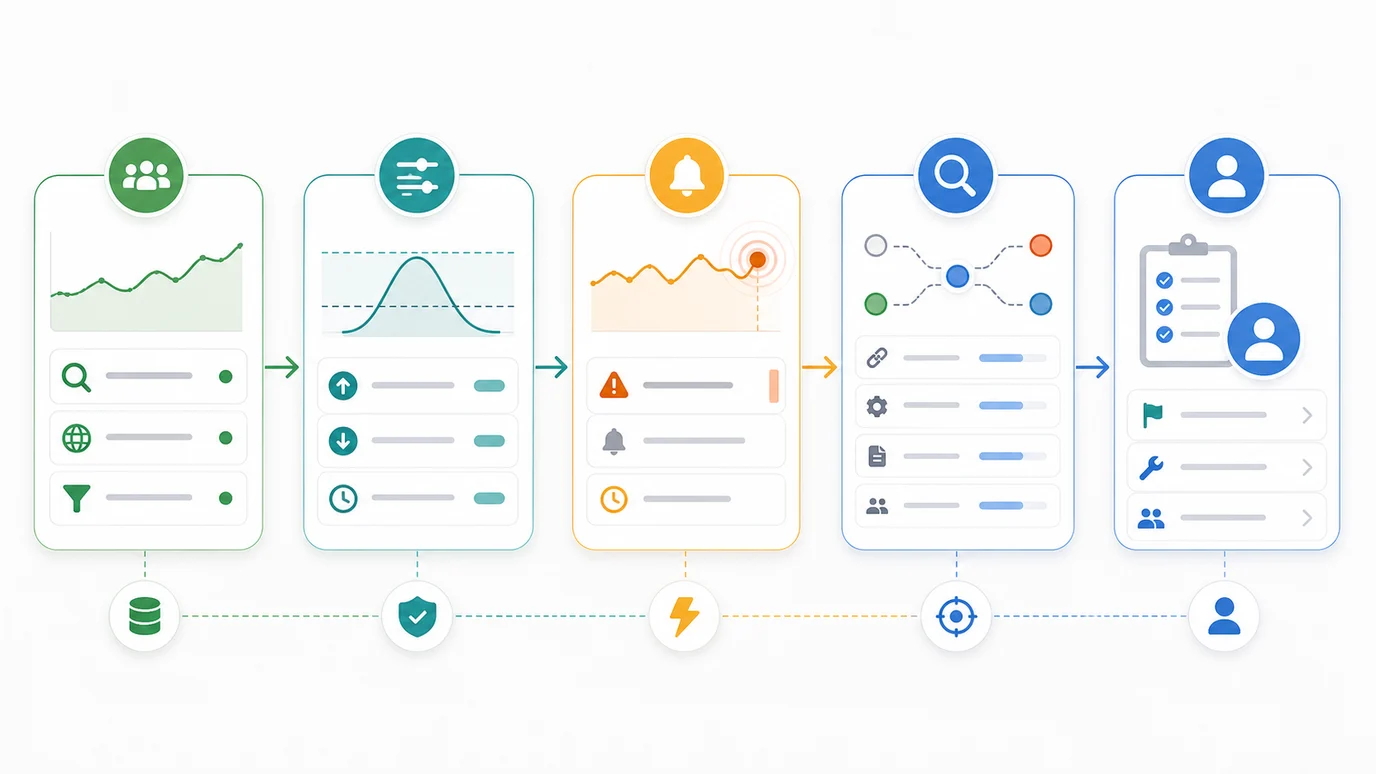 Organic traffic alert workflow from baseline segment to threshold rule, alert trigger, cause isolation, and owner handoff