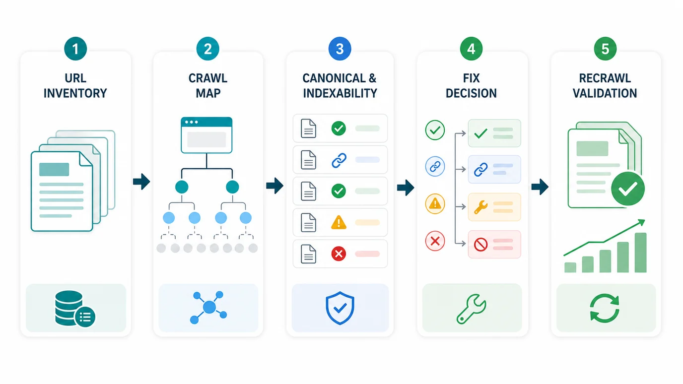 A pagination SEO audit workflow from URL inventory to crawl map, canonical checks, fix decisions, and recrawl validation