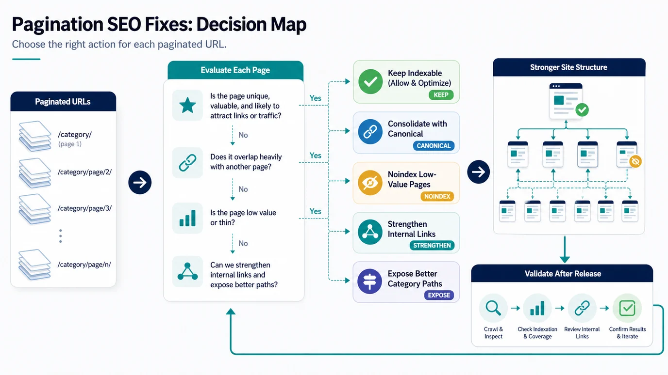 A pagination SEO decision map showing keep indexable, canonicalize, noindex, strengthen links, expose paths, and validate after release
