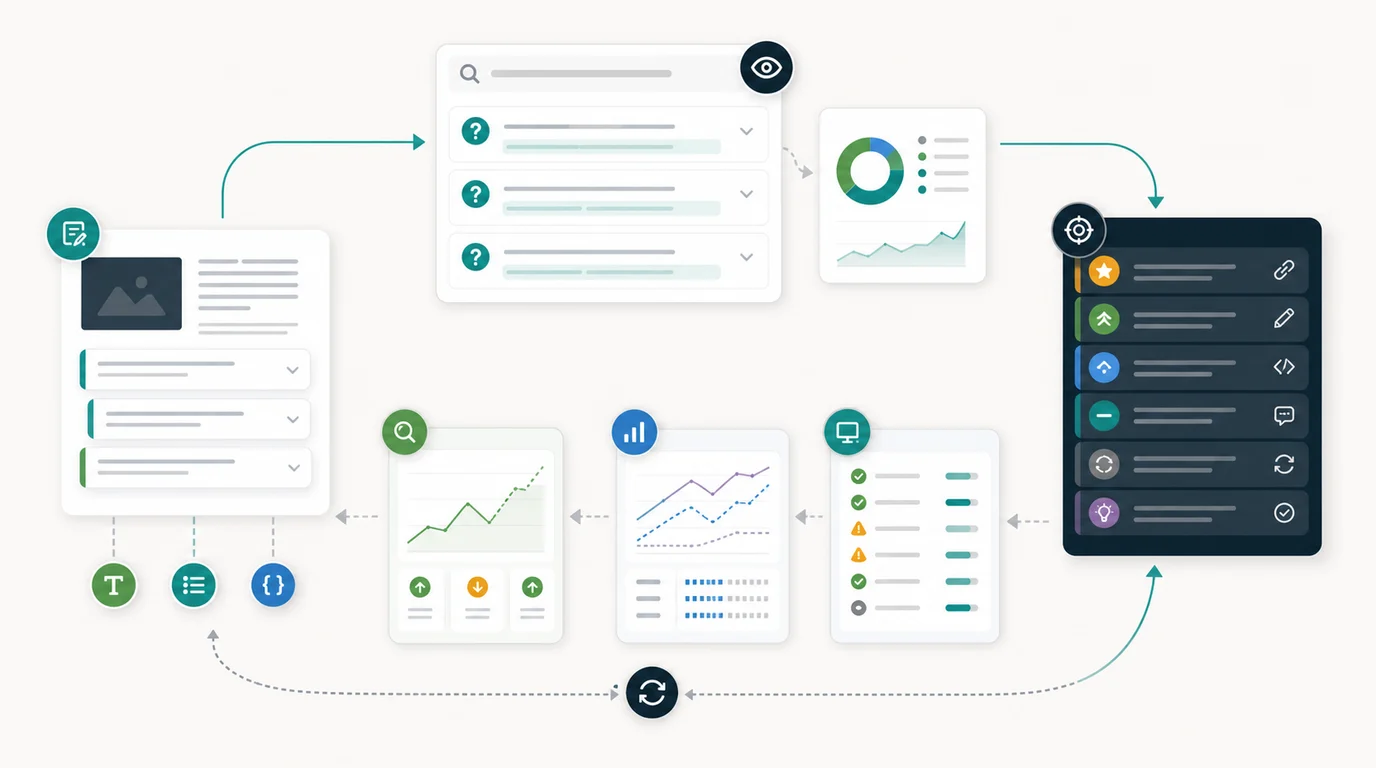 People Also Ask SEO monitoring loop connecting answer sections, SERP observations, crawl checks, and weekly action queues
