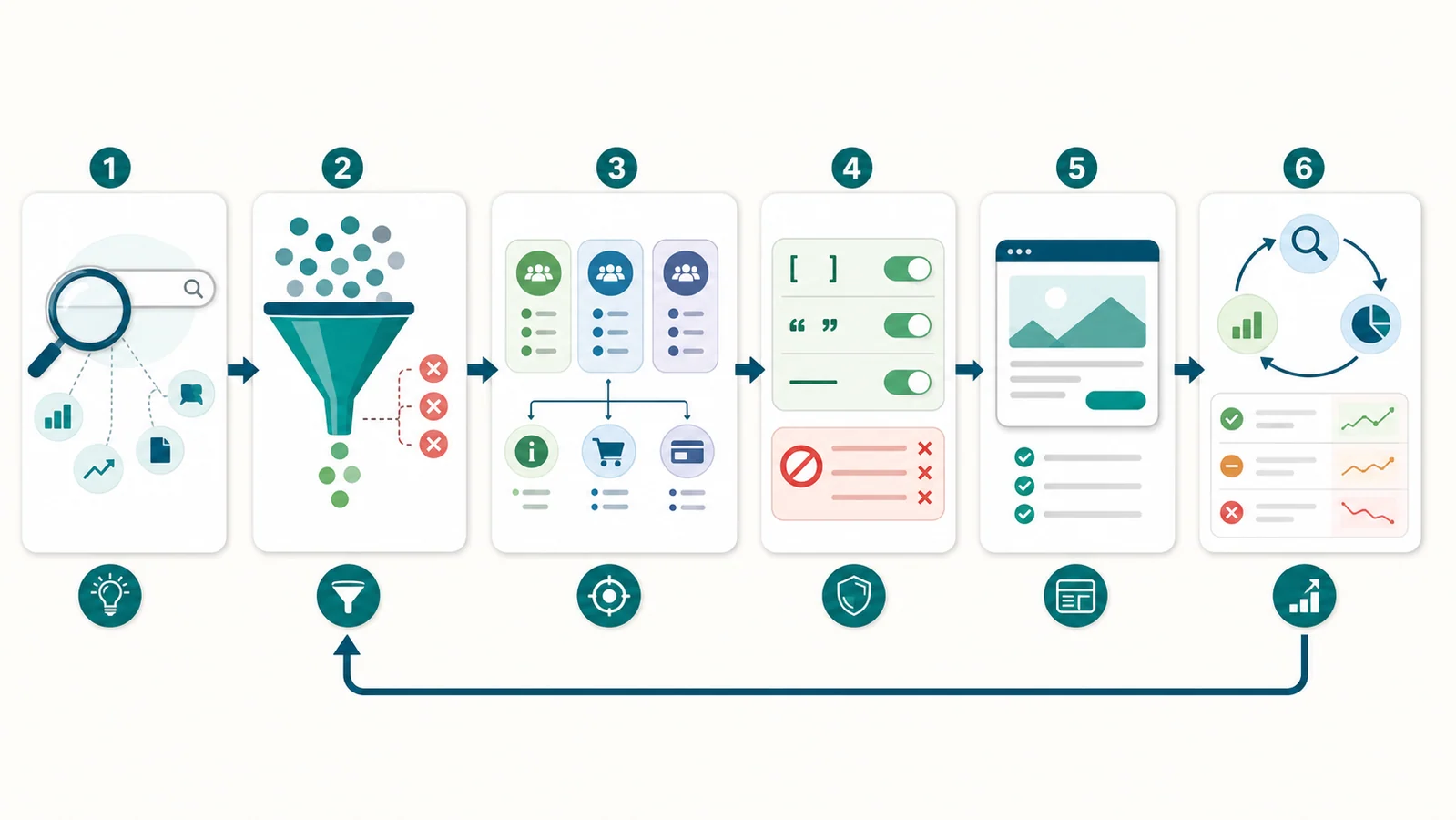 Six-stage PPC keyword research workflow from seed discovery to search-term feedback