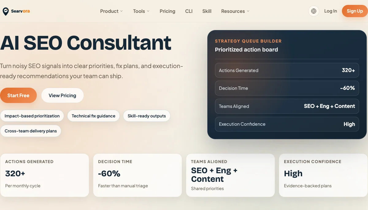 Searvora AI SEO Consultant page showing a prioritized action board