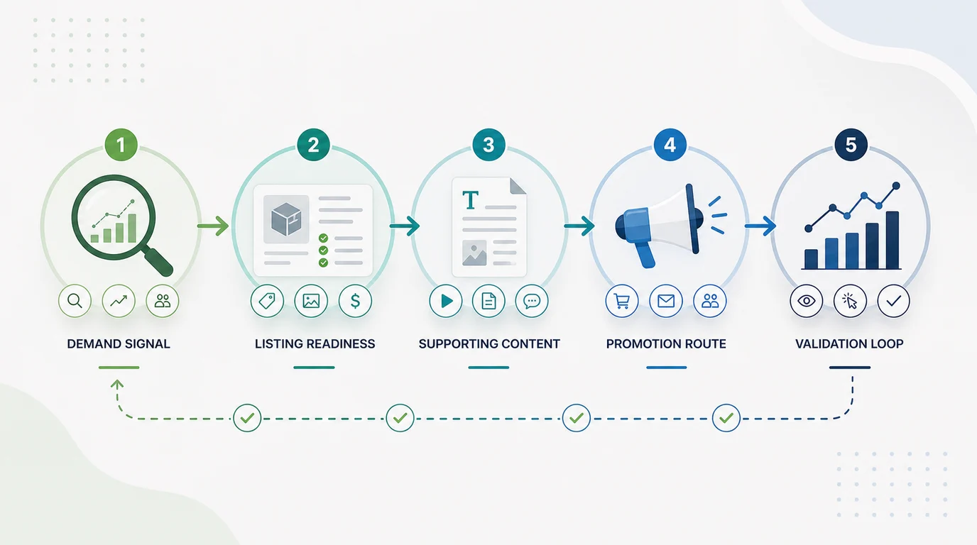 Marketplace promotion loop from demand signal to listing readiness, supporting content, promotion route, and validation