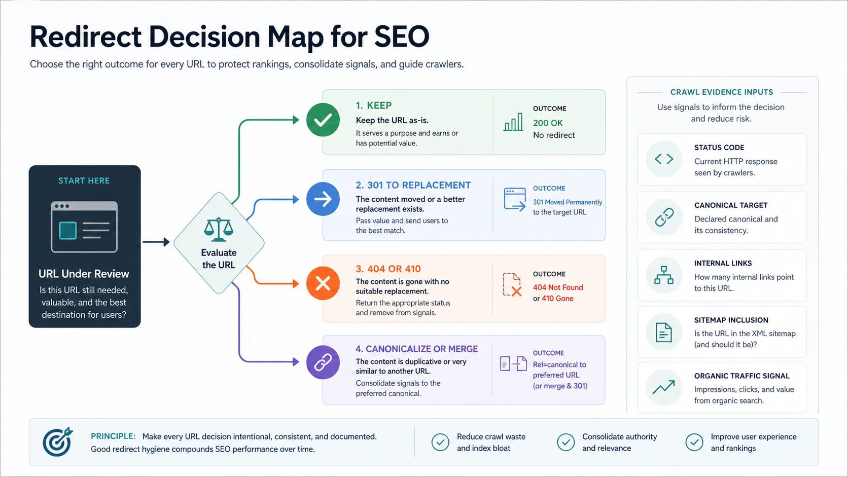 Redirect decision map showing keep, 301, 404 or 410, and canonicalize outcomes